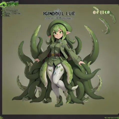 (8k uhd, masterpiece, best quality, high quality, absurdres, ultra-detailed), solo, 1girl <lora:Squidlegs_V1.0:0.9>, squidlegs, tentacles, monster girl, scylla, solo, 1girl, tentacle hair, pointy ears, eldritch abomination, menacing, flappy sleeves, long sleeves, loose sleeves, military hat, military jacket, tentacle legs, green hair, green tentacles, bulletproof vest,  <lora:colorfix:1.0>, detailed background, smug,