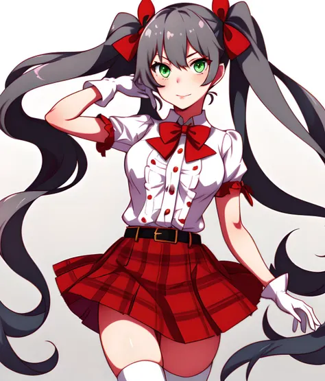 Rin_AT, a woman with long gray twintail hair and green eyes,wearing a white blouse, white gloves, a red plaid patterned skirt. red and black thigh high socks, a slim black leather belt, a red neck bow, posing for a photo,park background, <lora:Rin_AT:1>