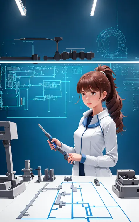 1girl,(high-tech engineering workshop), young adult female engineer, practical work attire, (engaged in designing a prototype), inventive and determined pose, medium-length ponytail, minimal makeup, (surrounded by technical drawings and tools), (background: 3D printers, robotic arms in development), focused task lighting, (atmosphere of creativity and advanced technological development)