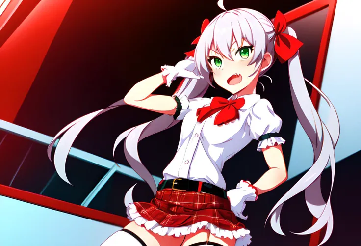 1girl,solo,tsundere fang, Rin_AT, a woman with long (white) twintail hair and green eyes,wearing a tucked (white) blouse, white gloves, a (red) plaid patterned skirt. frilled skirt,(red and black stripe) thigh high socks,garterbelt, a slim black leather belt, a red neck bow, posing for a photo,akihabara background, highest quality,masterpiece,wallpaper, <lora:Rin_AT:1>