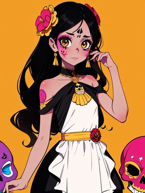 1girl,solo,girl,painted face,black hair,long hair,messy hair, tanned skin,brown eyes,long dress,beautiful dress,ornate dress,dress with gold accents,dia de los muertos dress,petite,dia de los muertos aesthetic, cinematic, high contrast, beautiful mexican background,complementary colors,wallpaper,