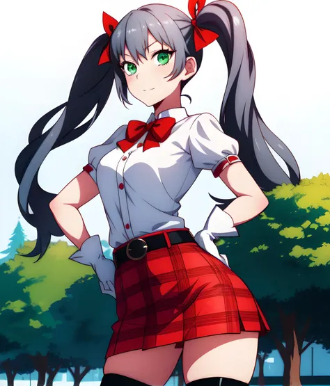 Rin_AT, a woman with long gray twintail hair and green eyes,wearing a white blouse, white gloves, a red plaid patterned skirt. red and black thigh high socks, a slim black leather belt, a red neck bow, posing for a photo,park background, <lora:Rin_AT:1>