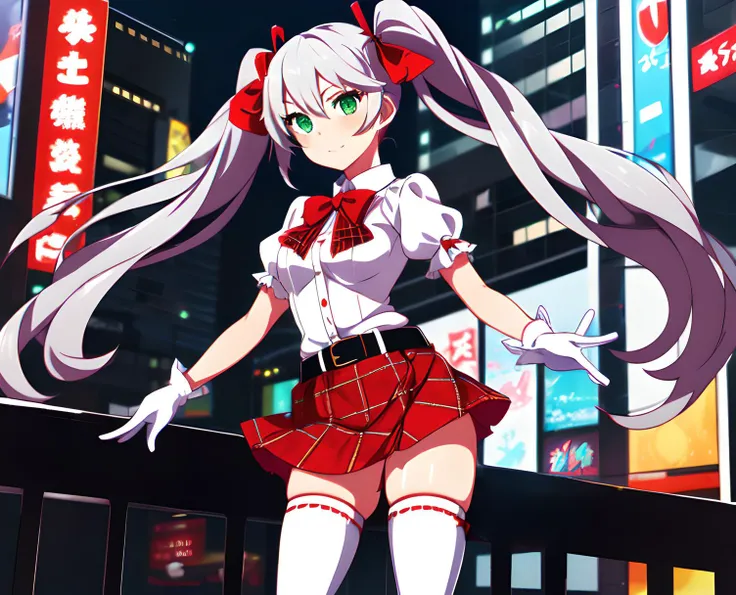 1girl,solo,Rin_AT, a woman with long white twintail hair and green eyes,wearing a white blouse, white gloves, a red plaid patterned skirt. red and black thigh high socks, a slim black leather belt, a red neck bow, posing for a photo,akihabara background, <lora:Rin_AT:1>