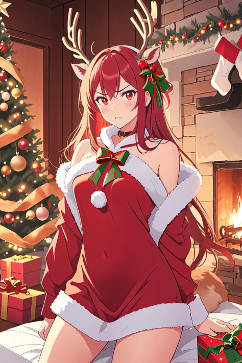 angry, serious, red aura, red energy, powerful, reindeer, reindeer antlers, deer ears, reindeer costume, christmas tree