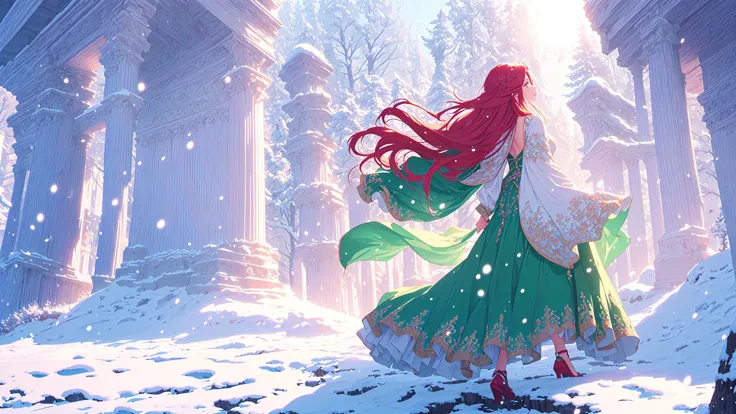 (best quality, masterpiece, colorful, dynamic angle, highest detailed)full body photo,fashion photography of cute red long hair girl,long green dress,back,volumetric lighting,(intricate details, hyperdetailed:1.15),detailed,flake through air,sunlight passing through dress,snowing,mountain,outdoors,