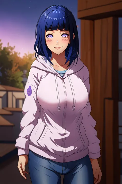 <lora:Hinata:0.8>, hyuuga hinata, empty eyes, lavender eyes, white hoodie, light smile, blush, blunt bangs, dark blue hair, large breasts, cowboy shot, mature female,