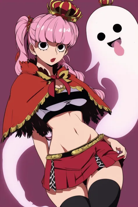 <lora:perona_v3:1>, cheems_perona_v3, red capelet, crown, striped thighhighs, red skirt, crop top, medium breasts, ghost, disc-shaped eyes, black eyes