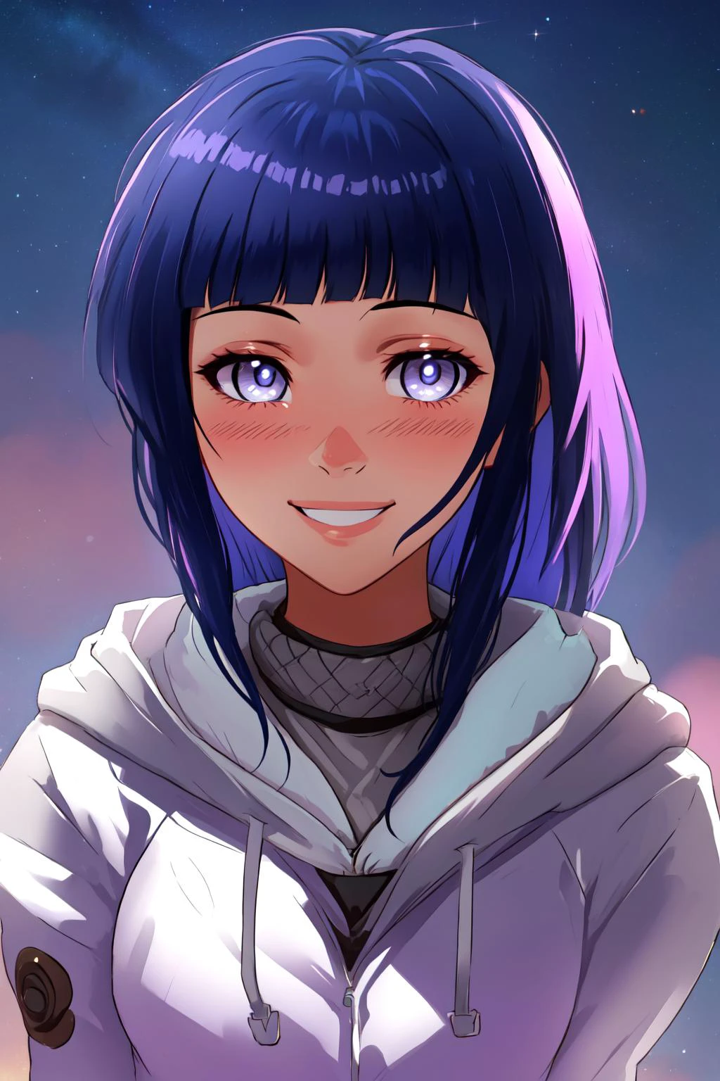 <lora:Hinata:0.8>, hyuuga hinata, empty eyes, lavender eyes, white hoodie, light smile, blush, blunt bangs, dark blue hair