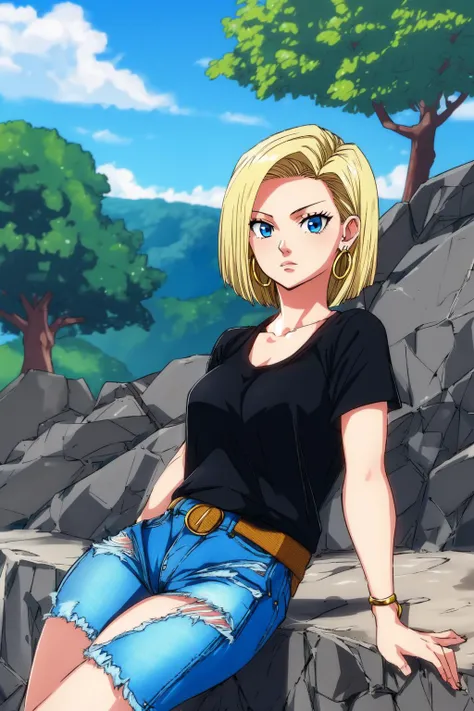 <lora:HiroMashimaStyle:0.9>, hiromashimav1, <lora:Android18:0.5>, android 18, blonde hair, blue eyes, short hair, denim jacket, black shirt, jeans, hoop earrings