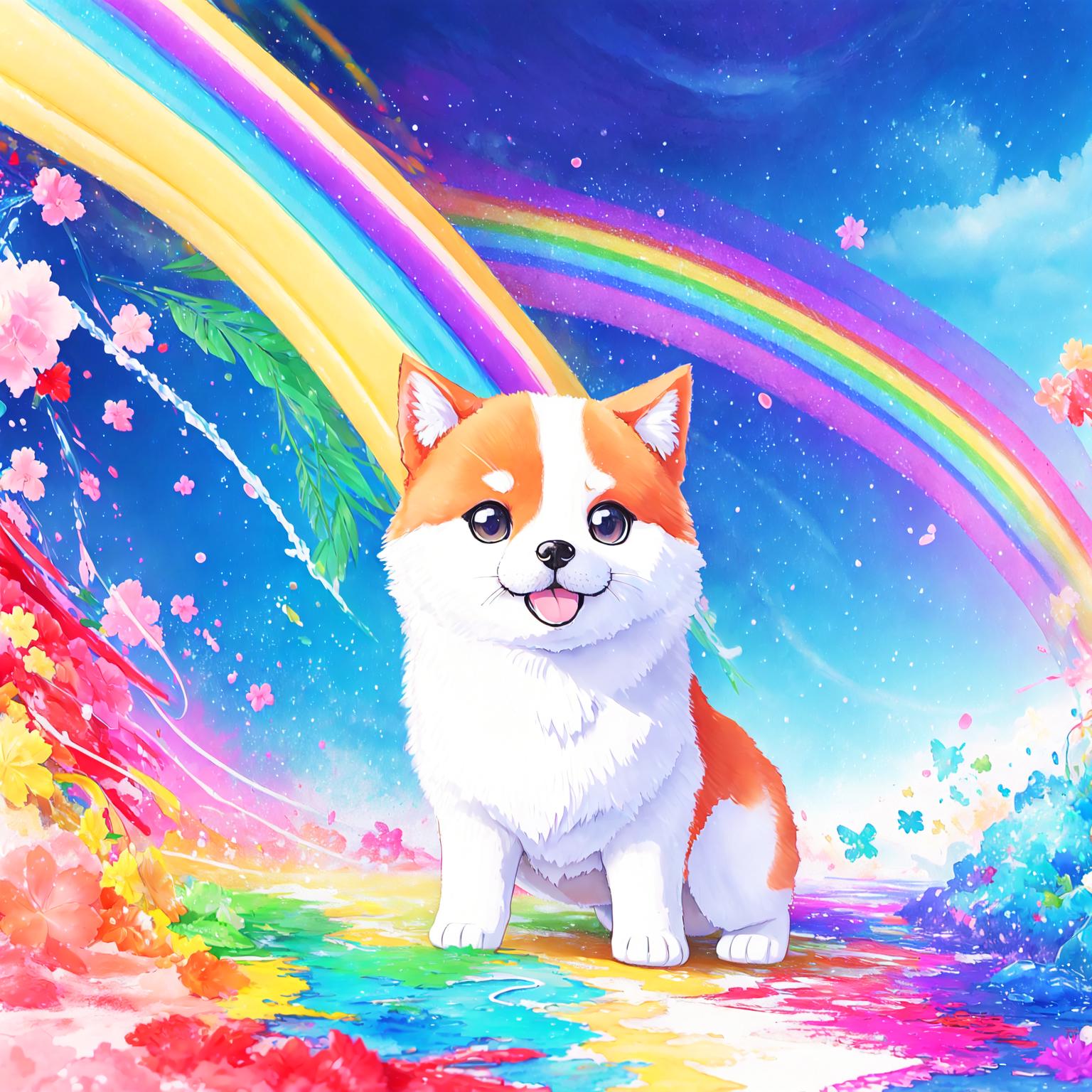 A close up of a dog sitting on a rainbow colored surface - SeaArt AI