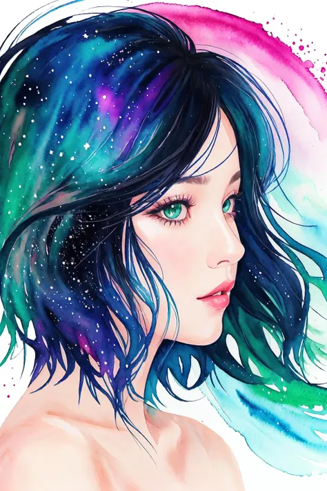 black hair, short hair, green eyes, sparkling eyes, paint, watercolor, abstract, particles, galaxy, daydream, whirlwind, horror \(theme\), profile picture