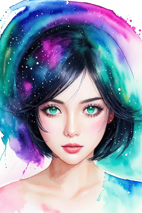 black hair, short hair, green eyes, sparkling eyes, paint, watercolor, abstract, particles, galaxy, daydream, whirlwind, horror \(theme\),