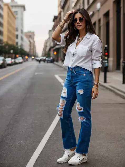 A beautiful n1n4d woman,1girl,solo,long hair,looking at viewer,simple background,brown hair,shirt,white background,brown eyes,jewelry,pants,necklace,bracelet,lips,torn clothes,ring,denim,t-shirt,jeans,realistic,hand on own head,torn pants,torn jeans,soft lighting, professional Photography, Photorealistic, detailed, RAW, analog, sharp focus, 8k, HD, high quality, masterpiece<lora:n1n4d:1.0>
