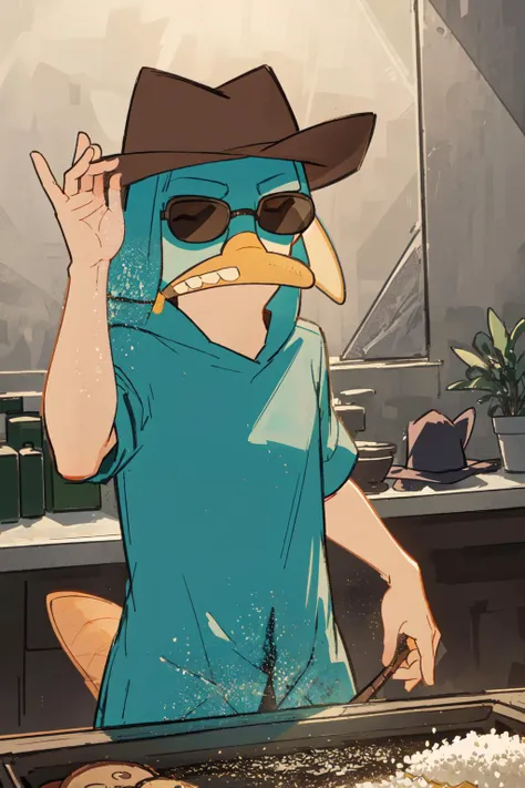 good detailed, (glowing background),
, masterpiece, best quality, wide-angle Hyperdetailed, masterpiece, 8k, natural lighting, soft lighting, sunlight, HDR (High Dynamic Range), Maximum Clarity And Sharpness, Multi-Layered Textures,
(Perry the Platypus,cowboy hat, saltbaememe, sunglasses,salting a dish:1.3)
 <lora:Perry:0.6>  <lora:SaltBaeMeme:0.8>