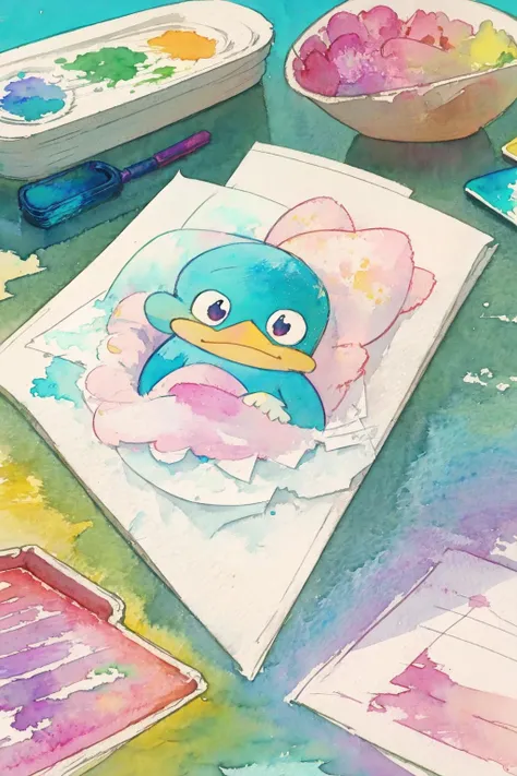 (moist paper,bright watercolor style,comfort,pastel painting illustration,concise,watercolor rendering,natural rendering,pigments mix naturally:1.3),Perry the Platypus,spy,
<lora:Perry:0.6>