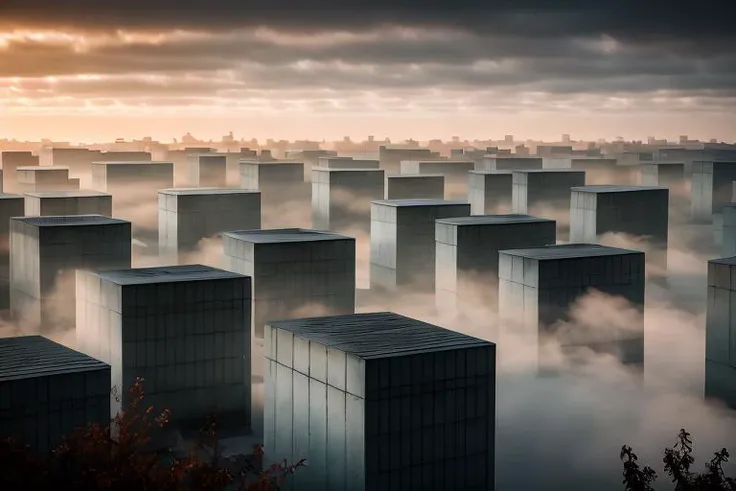 raw photo of russian panel houses, dense fog, cemetery at horizon, tombstones, autumn, sunrise, hdr, rtxseries, masterpiece, best quality, ultra-detailed, 8k, photorealistic <lora:theAestheticsOfPanel_v105:1>