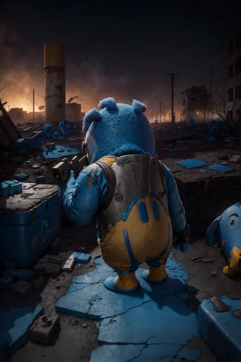 Long shot from behind of a blue cartoon (fallguys character:1.4), wearing chest straps, holding a gun, in bleak ruined streets of russian panel houses, post-apocalyptic, destroyed vintage cars, rubble, cold, frost, rebar, yellow stripes.
highres, high resolution.
<lora:fallguys:1> <lora:theAestheticsOfPanel_v105:0.9> <lora:LowRA:0.2> <lora:add_detail:0.4>