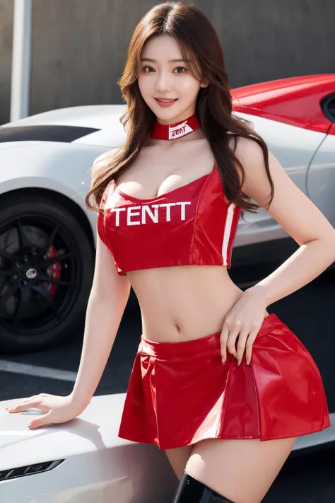 <lora:race queen cos:0.7>, zent, best quality, masterpiece, illustration, realistic, photo-realistic, amazing, finely detail, incredibly absurdres, huge filesize, ultra-detailed, highres, extremely detailed CG unity 8k wallpaper, nsfw, close-up, A captivating race queen with delicate features reminiscent of a popular Korean actress, flaunting a revealing crop top that hugs her slender figure while accentuating her voluptuous bust. Donning a miniskirt that showcases her toned legs, along with thigh-high boots adding allure, her long raven locks cascade over her shoulders. Standing confidently in a sultry pose beside a sleek race car, she waves with a radiant smile, her flawless skin glowing with joy. This close-up portrayal captures her exquisite beauty in stunning detail, embodying the epitome of a gorgeous Korean beauty.