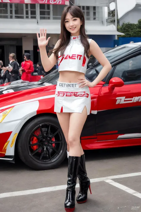 ,(1 girl:1.3),zent,miniskirt,solo,boots,long hair,(full body:1.5),black hair,midriff,smile,realistic,high heels,crop top,standing,beautiful japanese girl,<lora:add_detail:0.5>,race queen,<lora:GoodHands-vanilla:1.2>,waving,slender,detail face,beautiful hair,beautiful skin,smiling,beautiful person (woman),<lora:detail_slider_v4:1.5>,(dynamic_angle:1.2),depth of field,, (8k, RAW photo, best quality, masterpiece:1.2), (realistic, photo-realistic:1.37),ultra high res, super detail, Ultra Detailed, Detailed Skin, Sharp Focus,
 <lora:race queen cos:0.7>