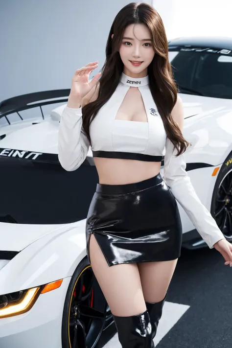 Highly detailed CG Unity 8K wallpapers, Highest quality, Very detailed, masterpiece, Realistic, photo Realistic, Very detailedかわいい, 20-year-old, Anatomically correct fingers、Perfect Fingers、(((Do-it-yourself skirt lift:1.2))), (Lift it yourself), (((Not wearing panties)))、((blush)), ((Gaze Here))、(((Confused expression:1.4)))、((Shiny enamel costume:1.2))、((Shiny pleated mini skirt in patent leather))、Japan、Suzuka Circuit、blue sky、Outdoor、Jet Black Hair、Long Hair、Hairstyle that exposes the forehead、((showing vagina yourself))、((Enamel costume))、((光沢のあるEnamel costume))、barefoot、Plump thighs、(((pubic hair)))、Spread your legs、((Lower body exposed))、((genital))、((skirt lift yourself:1.2))、Racing Car、Stand on the circuit course