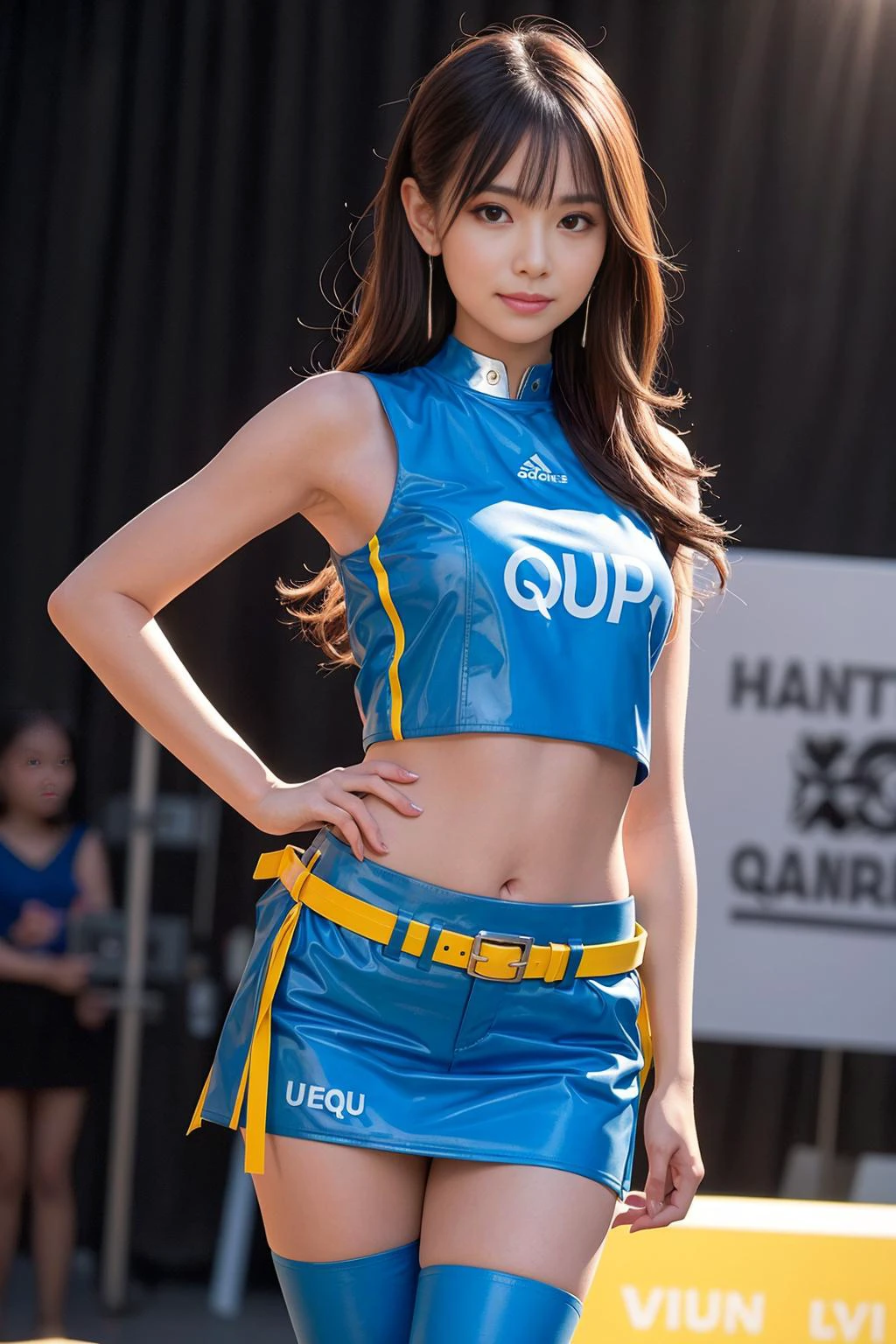 (best quality, photo realistic, HDR, highly-detailed, perfect anatomy), Photographed in event stage of Circuit, (backlit photo:1.2), dutch angle, from front, face_focus, leaning forward, Poseing, evening, <lora:race queen cos:0.9> BREAK
beautiful woman, slender body, windy, floating hair, shiny straight long hair, half_updo hair, tareme, happy, (squint:1.4), boots, zettai_ryouiki, pencil_skirt, (midriff:1.1), (Vivid type colors:1.2) (wear set of race_queen costume with sponsor's_logo printed:1.2),