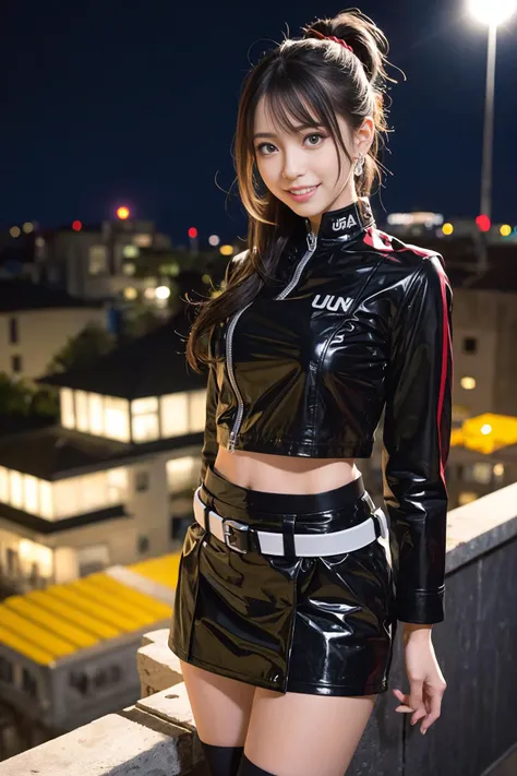 (best quality, RAW photo-realistic, HDR, ultra-detailed, perfect anatomy), Photographed in pit of Circuit, zettai_ryouiki, from above, face_focus, (Poseing:1.2), night, Cinematic Lighting, <lora:race queen cos> BREAK
beautiful actress, slender body, windy, floating hair, shiny straight long hair, half_updo hair, tareme, big laugh, boots, pencil_skirt, (put on cropped_jacket unzipped:1.1), (black type colors:1.1) (wear set of race_queen costume with sponsor's_logo printed:1.2),