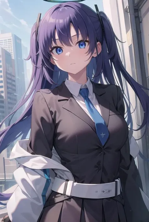 bluearchiveyuuka, <lora:yuuka-lora-nochekaiser:1>, 
yuuka, blue eyes, halo, purple hair, two side up, long hair,
BREAK belt, black gloves, black jacket, black skirt, blue necktie, gloves, halo, jacket, necktie, off shoulder, skirt, two-sided fabric, two-sided jacket, white belt, (white jacket:1.5),
BREAK looking at viewer, 
BREAK outdoors,
BREAK <lyco:GoodHands-beta2:1>, (masterpiece:1.2), best quality, high resolution, unity 8k wallpaper, (illustration:0.8), (beautiful detailed eyes:1.6), extremely detailed face, perfect lighting, extremely detailed CG, (perfect hands, perfect anatomy),