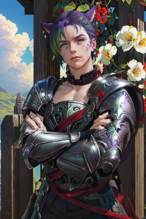 Khit'li L'ocar,  blue eyes, red eyes,  heterochromia,armor, collar, crossed arms, earrings, flower, green hair,  purple hair, jewelry, looking at viewer, multicolored hair, outdoors, pauldrons, scar, short hair, shoulder armor, two-tone hair, upper body, realistic, specular highlights,  <lora:Miqote_Khitli:0.6>