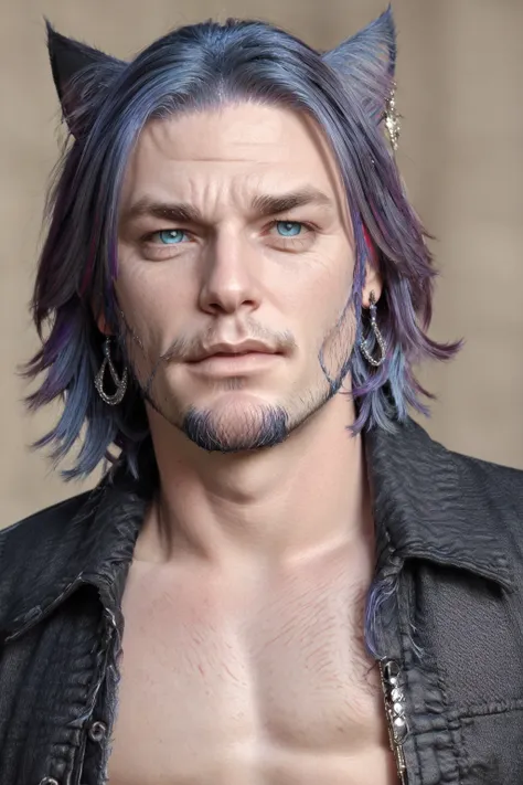 Khit'li L'ocar, beard, blue eyes, blue hair, purple hair, stubble, cat boy, closed mouth, earrings, facial hair, jewelry, looking at viewer, multicolored hair, portrait, red eyes <lora:Miqote_Khitli:0.5>