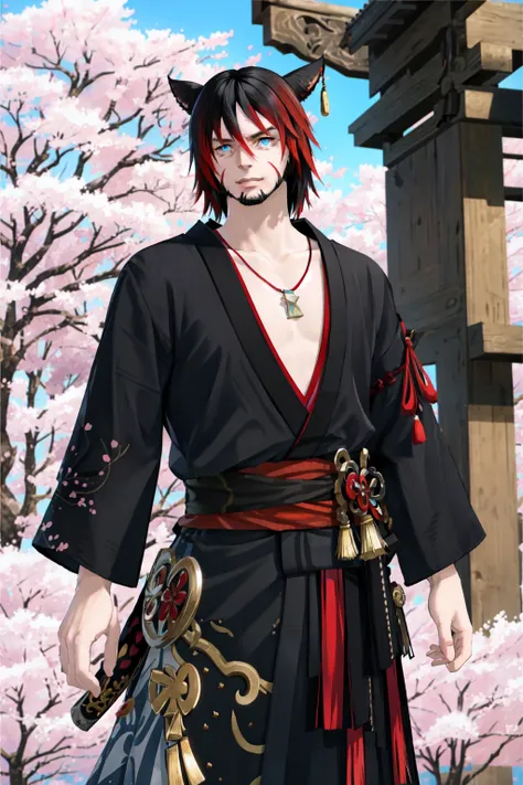 Khit'li L'ocar,  blue eyes, red eyes,  heterochromia, beard, black hair, blurry, cherry blossoms, facial hair, japanese clothes, jewelry, katana, kimono, looking at viewer, multicolored hair, necklace, outdoors, red hair, sheath, sheathed, stubble, sword, tree, two-tone hair, weapon,specular highlights,  <lora:Miqote_Khitli:0.6>