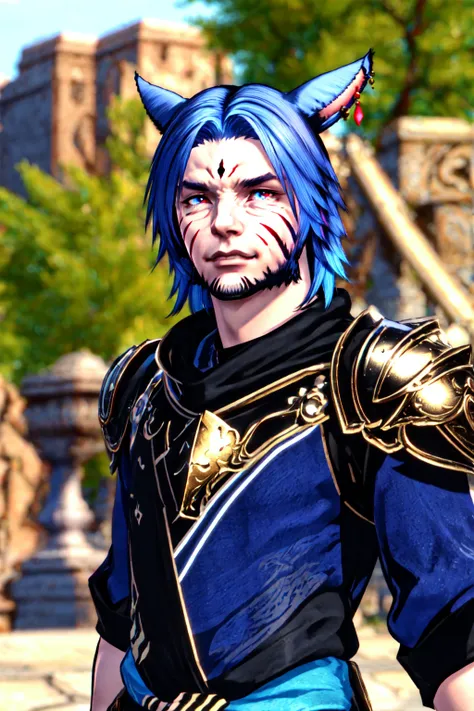 miqote,1boy, animal ears, male focus, blue hair, solo, facial mark, heterochromia, facial hair, miqo'te, red eyes, jewelry, earrings, looking at viewer, upper body, cat ears, blurry background, blurry, beard, blue eyes, armor, facial tattoo <lora:MaleMiqote:0.6>