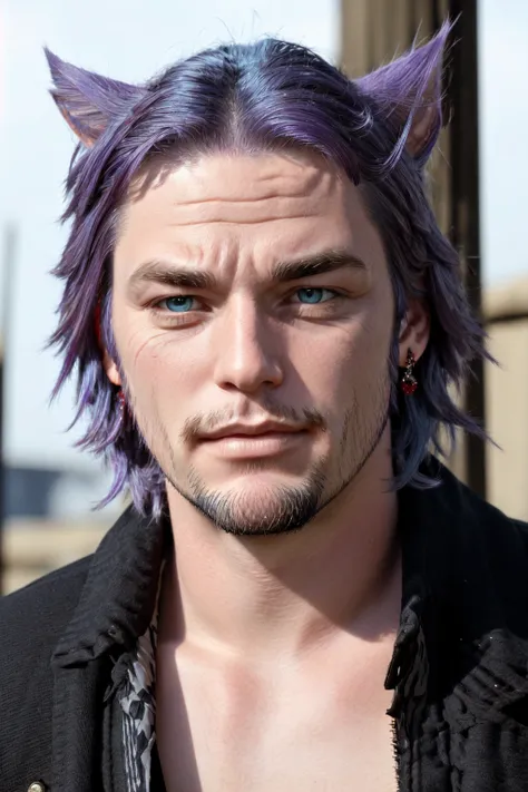 Khit'li L'ocar, beard, blue eyes, blue hair, purple hair, stubble, cat boy, closed mouth, earrings, facial hair, jewelry, looking at viewer, multicolored hair, portrait, red eyes <lora:Miqote_Khitli:0.5>