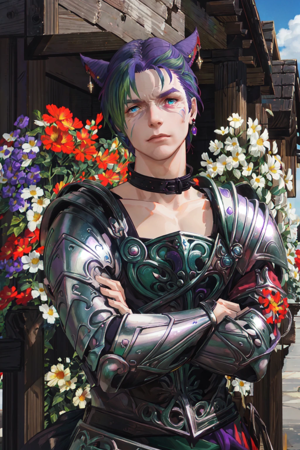 Khit'li L'ocar, blue eyes, red eyes, heterochromia,armor, collar, crossed arms, earrings, flower, green hair, purple hair, jewelry, looking at viewer, multicolored hair, outdoors, pauldrons, scar, short hair, shoulder armor, two-tone hair, upper body, realistic, specular highlights, <lora:Miqote_Khitli:0.6>