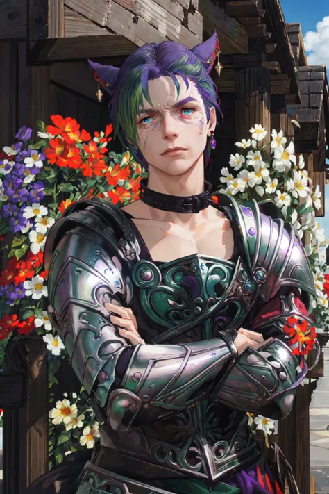 Khit'li L'ocar,  blue eyes, red eyes,  heterochromia,armor, collar, crossed arms, earrings, flower, green hair,  purple hair, jewelry, looking at viewer, multicolored hair, outdoors, pauldrons, scar, short hair, shoulder armor, two-tone hair, upper body, realistic, specular highlights,  <lora:Miqote_Khitli:0.6>