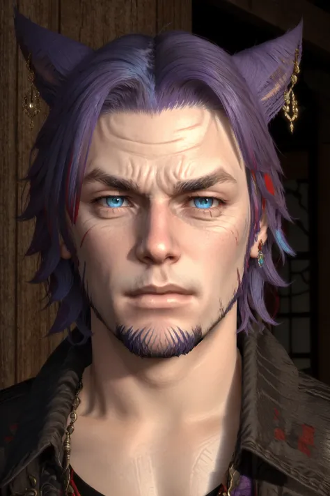 Khit'li L'ocar, beard, blue eyes, blue hair, purple hair, stubble, cat boy, closed mouth, earrings, facial hair, jewelry, looking at viewer, multicolored hair, portrait, red eyes <lora:Miqote_Khitli:0.6>