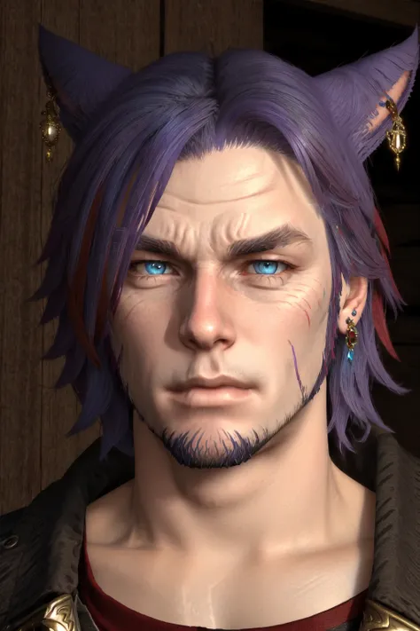 Khit'li L'ocar, beard, blue eyes, blue hair, purple hair, stubble, cat boy, closed mouth, earrings, facial hair, jewelry, looking at viewer, multicolored hair, portrait, red eyes <lora:Miqote_Khitli:0.6>