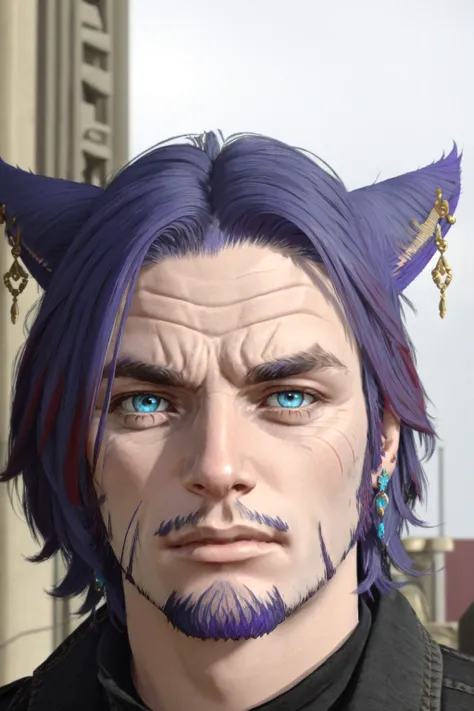 Khit'li L'ocar, beard, blue eyes, blue hair, purple hair, stubble, cat boy, closed mouth, earrings, facial hair, jewelry, looking at viewer, multicolored hair, portrait, red eyes <lora:Miqote_Khitli:0.6>