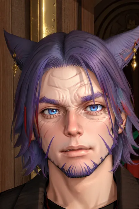 Khit'li L'ocar, beard, blue eyes, blue hair, purple hair, stubble, cat boy, closed mouth, earrings, facial hair, jewelry, looking at viewer, multicolored hair, portrait, red eyes <lora:Miqote_Khitli:0.6>