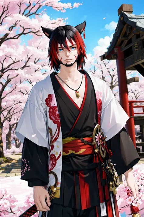 Khit'li L'ocar,  blue eyes, red eyes,  heterochromia, beard, black hair, blurry, cherry blossoms, facial hair, japanese clothes, jewelry, katana, kimono, looking at viewer, multicolored hair, necklace, outdoors, red hair, sheath, sheathed, stubble, sword, tree, two-tone hair, weapon,specular highlights,  <lora:Miqote_Khitli:0.6>