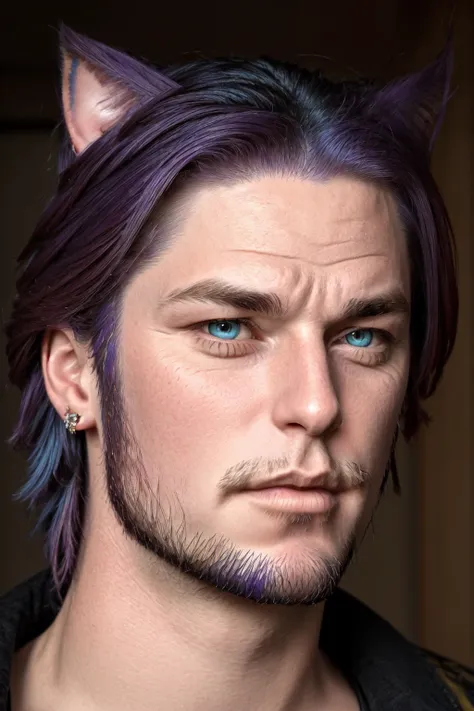 Khit'li L'ocar, beard, blue eyes, blue hair, purple hair, stubble, cat boy, closed mouth, earrings, facial hair, jewelry, looking at viewer, multicolored hair, portrait, red eyes <lora:Miqote_Khitli:0.5>