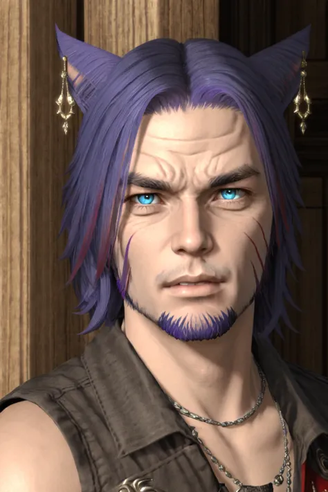 Khit'li L'ocar, beard, blue eyes, blue hair, purple hair, stubble, cat boy, closed mouth, earrings, facial hair, jewelry, looking at viewer, multicolored hair, portrait, red eyes <lora:Miqote_Khitli:0.6>