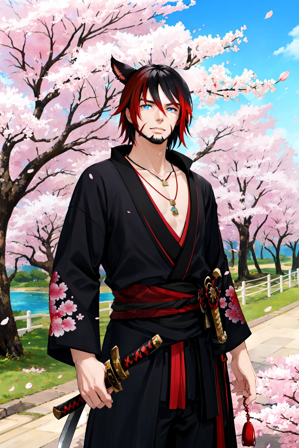 Khit'li L'ocar, blue eyes, red eyes, heterochromia, beard, black hair, blurry, cherry blossoms, facial hair, japanese clothes, jewelry, katana, kimono, looking at viewer, multicolored hair, necklace, outdoors, red hair, sheath, sheathed, stubble, sword, tree, two-tone hair, weapon,specular highlights, <lora:Miqote_Khitli:0.4>
