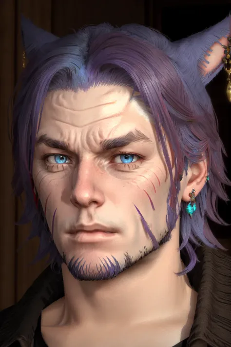 Khit'li L'ocar, beard, blue eyes, blue hair, purple hair, stubble, cat boy, closed mouth, earrings, facial hair, jewelry, looking at viewer, multicolored hair, portrait, red eyes <lora:Miqote_Khitli:0.6>