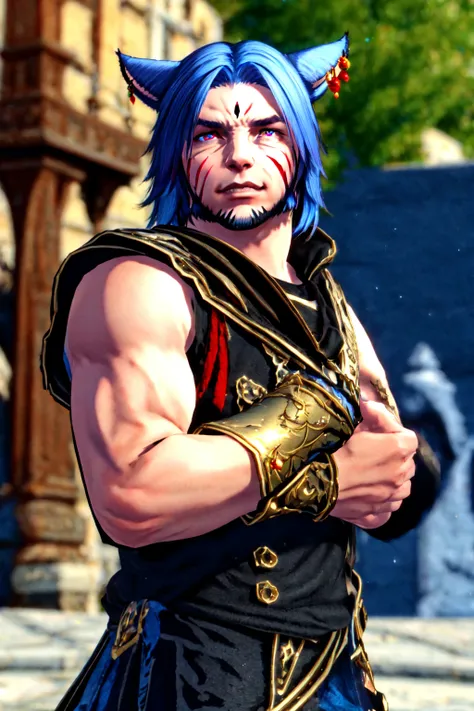 miqote,1boy, animal ears, male focus, blue hair, solo, facial mark, heterochromia, facial hair, miqo'te, red eyes, jewelry, earrings, looking at viewer, upper body, cat ears, blurry background, blurry, beard, blue eyes, armor, facial tattoo <lora:MaleMiqote:0.6>