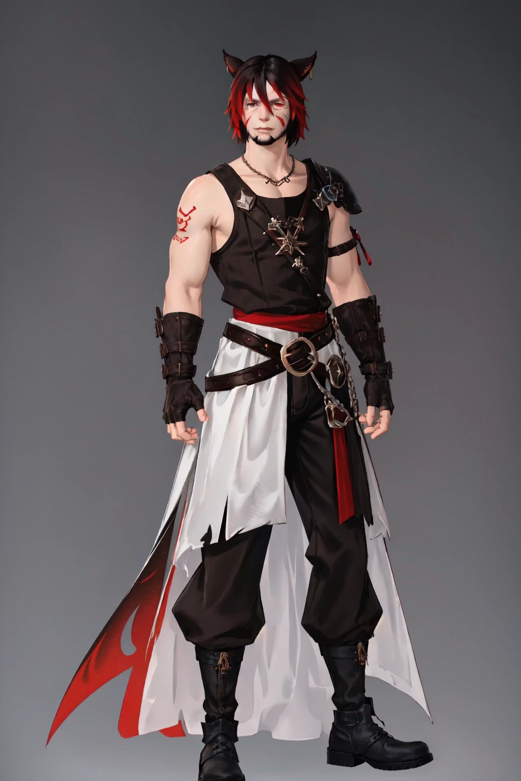 Khit'li L'ocar, blue eyes, red eyes, heterochromia, arm tattoo, arms at sides, bangs, beard, belt, black footwear, black gloves, black hair, black pants, boots, brown gloves, cat boy, clenched hands, collarbone, elbow gloves, facial hair, fingerless gloves, full body, gloves, gradient hair, grey background, hair between eyes, jewelry, looking at viewer, multicolored hair, neck tattoo, pants, red eyes, red hair, short hair, simple background, sleeveless, standing, straight-on, tattoo, two-tone hair, vambraces realistic, specular highlights, <lora:Miqote_Khitli:0.6>