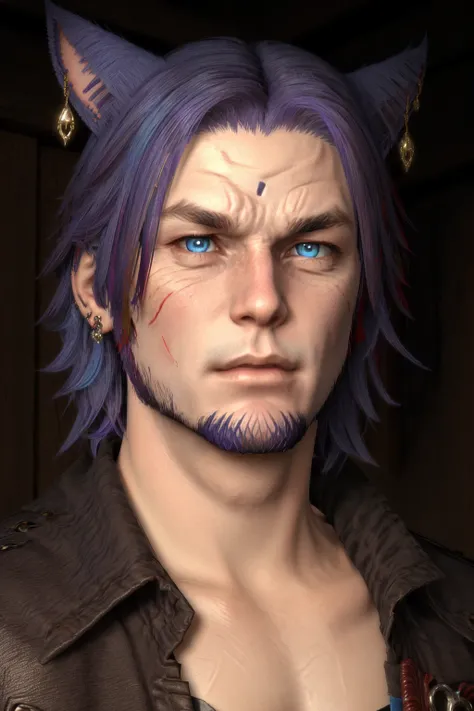 Khit'li L'ocar, beard, blue eyes, blue hair, purple hair, stubble, cat boy, closed mouth, earrings, facial hair, jewelry, looking at viewer, multicolored hair, portrait, red eyes <lora:Miqote_Khitli:0.6>