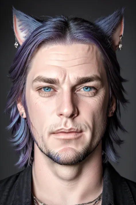 Khit'li L'ocar, beard, blue eyes, blue hair, purple hair, stubble, cat boy, closed mouth, earrings, facial hair, jewelry, looking at viewer, multicolored hair, portrait, red eyes <lora:Miqote_Khitli:0.5>