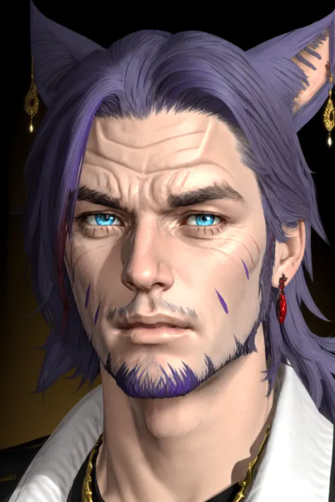 Khit'li L'ocar, beard, blue eyes, blue hair, purple hair, stubble, cat boy, closed mouth, earrings, facial hair, jewelry, looking at viewer, multicolored hair, portrait, red eyes <lora:Miqote_Khitli:0.6>