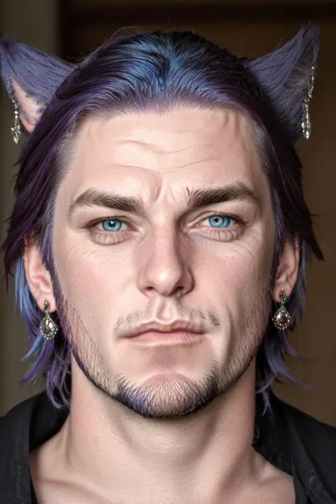 Khit'li L'ocar, beard, blue eyes, blue hair, purple hair, stubble, cat boy, closed mouth, earrings, facial hair, jewelry, looking at viewer, multicolored hair, portrait, red eyes <lora:Miqote_Khitli:0.5>