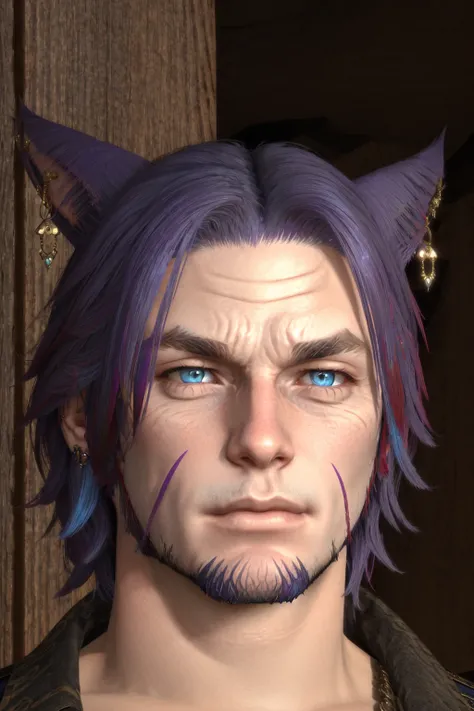 Khit'li L'ocar, beard, blue eyes, blue hair, purple hair, stubble, cat boy, closed mouth, earrings, facial hair, jewelry, looking at viewer, multicolored hair, portrait, red eyes <lora:Miqote_Khitli:0.6>